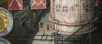 A cartoon scene of three people in a street, calligraphy visible on the signs and water tower, as well as graffiti.