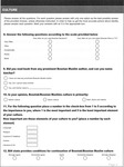 English language version of the Bosniak Identity Research Survey Questionnaire booklet generated specifically for this study with a focus on topics relating to the participants’ perceptions about their group and Bosniak identity. The 14-page booklet begins with the heading and an explanation of the purpose of the study, confidentiality protocols, and the researcher’s contact information. Each of the following pages of the questionnaire relates to different aspects of Bosnian Muslim groupness. The booklet ends with questions about the participant’s demographic information. The survey was designed to collect the maximum amount of information about the group, however, the discussion and data description provided in the book is limited only to the questions used for this inquiry. Culture page.