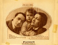 Black-and-white photograph of two actors and their young son.