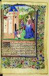 The miniature on folio 1r of the Speculum Dominarum is indebted to the iconographic tradition of The City of Ladies. The miniature depicts a crowned woman in a regal dress embellished with the fleur de lys of France. She supervises men engaged in the labor advocated by its opening scriptural quotation that the wise woman builds her house.