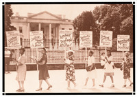 Six Black women each carry a sign in front of the White House representing different State delegations and sentiments, such as “Stop Lynching...Let Real Democracy Prevail.”