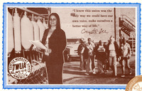 Composite image. Lee holding a paper, giving a speech with a textile factory in the background. Group of Black and white women walking into work. TWUA, AFL-CIO logo in corner.