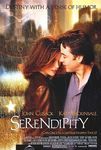 A film poster for the film Serendipity, of a man and a woman (John Cusack and Kate Beckinsale) embracing in front of a city-scape superimposed with an image of a clock with the tag line "Destiny with a sense of humor" at the top of the poster and "Can once in a lifetime happen twice?" at the bottom.