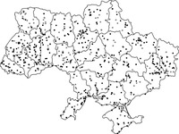 Figure 5.1: map displaying the distribution of crowdsourced election violation allegations reported by two Ukrainian nongovernmental organizations in 2012. Black circles represent reports filed by Maidan Monitoring and gray diamonds represent reports filed by ElectUA.