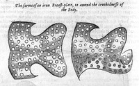 This image is a two-dimensional, black-and-white sketch of a contoured, iron breastplate in two halves.