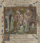 Photograph of an illuminated manuscript page with an illustration showing a child being put in an oven.