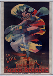 An advertisement for the Folies-­Bergère, a music hall and revue theater. The poster features a woman on her tip-­toes in heels, looking back at the spectator. Her  hair creates the impression that she is in motion, and a billowing material is draped around her body. One could perceive the diaphanous fabric, illustrated with bold, expressionist strokes, as being separate from her body, but she also seems to wear the textile as a second skin or appendage, creating a cinematic superimposition.