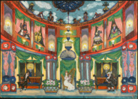 This vivid design features several individually curtained balconies from which figures peer into the room below where Olimpia sits, center, playing a harp. A third level is populated by figures in masks positioned against a ceiling painted like the sky.