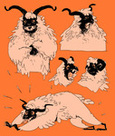 Five different drawings of a sheep-like white animal with horns against an orange background.