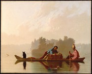 An oil painting of two fur traders and an animal in a canoe.