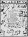 This illustrated public health warning depicts a triangle of streets with food carts surrounded by motor cars, horses and buggies, and pedestrians. The text block in the center of the illustration warns readers, however, to avoid any foods from street vendors that might have been exposed to flies, animals, dust, or what the advertisement calls “promiscuous pubic handling