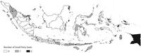 Figure 5.1. This map of Indonesia shows in which provinces small parties would have won seats if they had not failed to reach the national threshold.