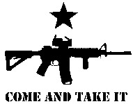 A reference to the Texas Revolution flag, where the image of the cannon is replaced with the silhouette of a modern rifle.