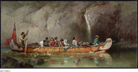 An oil painting of a large canoe carrying over a dozen figures passing a waterfall and cliffs.