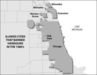 A map of the northeastern Illinois municipalities that banned handguns: Wilmette, Winnetka, Morton Grove, Evanston, Oak Park, and Chicago.