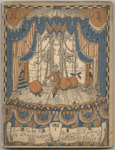 This journal cover, painted in blue, beige, and orange, depicts a lavishly curtained stage on which a commedia dell’arte actor stands with three enormous oranges as three other actors peek out from the wings.