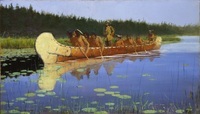 An oil painting of several people paddling a birch-bark canoe through water with trees in the background.