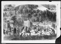 Harper’s Weekly black-and-white illustration showing Decoration Day, 1867, at Hollywood Cemetery in Richmond, Virginia. The cemetery is filled with men and women laying wreaths on graves and tombs.