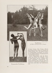 A page from a German magazine featuring two sepia photographs of nude dancing and gymnastics outdoors. One photograph takes up the top half of the page and includes five nude dancers in a circle in a field near a small forest, holding hands with one another and raising them like triangles between each person. They each stand on one leg with the other bent behind them. The other photograph is smaller and takes up the lower left quadrant of the page, including two dancers holding hands: one body faces toward us with head looking to the other person, whose back faces us. They stand in an empty field. In the lower-right quadrant of the page is a block of German editorial text.