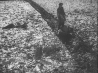 An individual stands in a field casting a long shadow next to a sign in the ground with black calligraphy, in black and white cinematography.