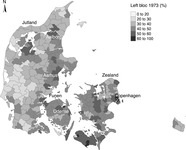 Two maps showing the support for the left bloc across Denmark in the 1973 and 2019 election.
