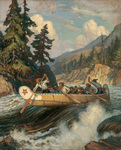 An oil painting of a canoe and going through rapids.