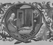 Illustration of a woman roasting her baby over a fire while two male figures watch.