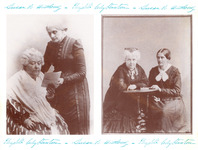 Two photos. Left: older photo. Stanton sits as Anthony shows her a document. Right: younger photo. Both sit at a small, round table. Border shows their signatures along top and bottom.