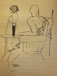 A line drawing depicting a muscular, white male figure, seated in a chair with his back to the viewer. He is dressed in a Roman-style toga, and holds what appears to be a billiard cue in one hand. There is a round table with a tall glass on it in front of him, and on the other side, a white female figure with similar clothing and physique, with a bobbed hairstyle, depicted in profile.