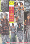 A collage of photos of women wearing aso ebi in Today’s Fashion magazine with the “Want Your Party Covered?” followed by phone numbers for Femi, Sunday, and Shola.