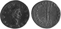 A copper coin of Nerva from fall 97 that depicts a portrait head of the Deified Augustus on the obverse and a winged thunderbolt on the reverse.