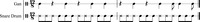 A music sheet with 2 single-lined staves displaying musical notes. The staves from the top to the bottom are titled Gan and Snare drum.