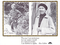 Two photos. Left is of a younger Gidlow in her garden, smiling, wearing jeans and a striped shirt. Right is of an older Gidlow by a large tree, smiling, wearing a beret, a crocheted white sweater, and a dark, turtleneck shirt.