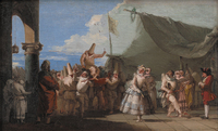 Giovanni Domenico Tiepolo, The Triumph of Pulcinella (1754). In this painting, a man dressed in all-­white costume, Venetian mask, and tall white hat is carried on a red plinth by a large number of revelers in similar dress. The scene takes place in a square of Venice, with a ship’s sails in the background. A variety of other individuals are visible in the scene, dressed in different costumes, but all wearing similar Venetian masks.