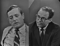 Black and white photoset of two men talking.