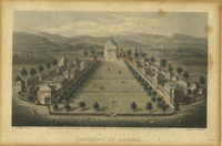 An idyllic scene in muted tones featuring the northern end of the Lawn facing the Rotunda. There are five pavilions on either side and, flanking these, additional buildings known as East and West Range. A wall surrounds the Academical Village with a gated entrance; beyond the wall, people stroll by and ride horses. Trees surround the Lawn, and in the distance are mountains and a blue sky with a few clouds.