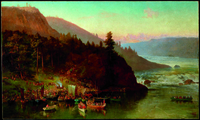 A painting of dozens of canoes and figures approaching a portage.