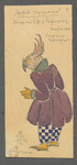 In this costume design for The Golden Pot, the Old Parrot wears a purple tailcoat, navy-and-white checked trousers, and yellow shoes and gloves. He stands in profile to emphasize the hooked beak of his full-head parrot mask.
