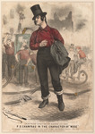 The working-class character Mose stands proudly, chin jutting out, dressed in his signature bright red shirt, black ringlets, rolled up pants, square-toed boots, and tall black top hat.