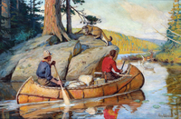 A colorful painting of two men in a birchbark canoe filled with packs and other various equiptment. A mountain lion snarls at the outdoorsman from his perch on a rock outcrop. A buck leaps out of shallow water onto the shore in the distance.