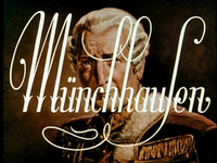 A painting of Baron Hieronymus von Münchhausen has white German title text superimposed over it.
