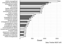 A horizontal bar graph showing the most frequently occurring Twitter bigrams collected for use in the chapter’s analysis.