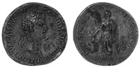 A bronze coin of Nerva from late 96 CE that depicts a portrait head of Nerva on the obverse and Libertas standing and holding a vindicta and pilleus on the reverse.