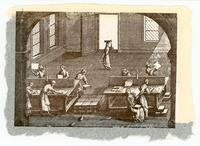 Engraving of ten women, each doing different tasks to finish a fine piece of paper. The room has large windows and good light. One woman enters with a stack of paper on her head.
