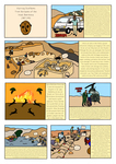 Seven comic book cells depict a story. The first cell shows the title 'Warring Chiefdoms From the banks of the Wadi Beersheva, 1987-1993'. The second cell shows a man named Ibrahim in sunglasses and a polo shirt standing in front of a white can, with tents on the hill in the background. The text reads, 'By 1987 I secured major funding from National Geographic and the National Endowment for Humanities for a 3-year project to explore the rise of the earliest chiefdom in the southern Levant based on excavations at Shiqmim. A chiefdom is a regional polity, with a two-tier settlement hierarchy (large village center with smaller sattellite sites) that was fueled by chiefly control over food surpluses and craft specialization. Chiefdoms led directly to the rise of the first cities and early civilizations. My early surveys along the Wadi Beersheva and Wadi Gaza and excavations at Shiqmim put my work at the center of scholarly debate on whether my team and I had indeed found the earliest chiefdom in our region. By late September, I assembled an interdisciplinary team and vlunteers from around the world to explore the earliest strata at Shiqmim and the rise of social complexity. We camped on a chalk hilltop opposite the Shiqmim site. I appointed Ibrahim Al-A'asam as camp manager. Ibrahim's tribe is part of the Qderat tribe group, of the Tiaha confederation. They adopted me as part of the Al-A'asam tribe. I visit Ibrahim and the family every time I'm in Israel. Cell 3 shows people at the excavation doing various jobs like digging a nd sieving. To the side is a tunnel that leads to underground rooms and more tunnels. Inside is a man named Yoav Arbel. The text reads, 'While we were in the field a gravel extraction company was digging in the wadi. On our arrival they had cut into Shiqmim. Although the site was damaged, the tractor cut showed that there were rooms at the site! We began excavating north of this tractor trench and found a copper workshop just below the surface. Soon a pit emerged. It went down over 3 meters. This tunner led to over 10 underground rooms filled with storage silos, pottery vessels, and prestige objects. It was very dangerous excavating underground. My best excavator was Yoav Arbel who eventually went on to do a PhD with me at UCSD.' Cell 4 shows sillouettes of gazelle jumping, with fire on the horizon and two people falling in parachutes. The text reads, 'One afternoon Alina and I were driving back to Shiqmim in our jeep. Suddenly we saw an Israeli air force jet in the distance diving down and heard a giant explosion. Alina started to cry and then we saw two parachutes floating to earth. When the plane hit the ground there was a fireball and tens of gazelle jumped into the air in the desert sky.' Cell 5 Shows a man called Major Raz and Tom standing next to a helicopter with a dog at their feet. The text reads, 'I put the jeep in gear and we raced to where the parachutes came down. We found the pilot and the navigator collecting their aerial photos that were scattered around their ejected seats. "Can we help you?" I asked. "No thanks, just some water please. The rescue chopper will be here in 5 minutes. You guys should leave now." As soon as the jet went down, Bedouin, scavenging for parts, descended on the crash area and the Israeli Air Force was rapidly entering the area to prevent those parts being smuggled across the border into Egypt. Thus began a wonderful relationship with Major Raz (who our students affectionally called "Razbo" after the popular movie star character "Rambo". Every day for a week Raz would land his chopper on the hilltop next to our tent camp. He would have coffee with us and then fly off to continue investigating the crash. One day I asked if he could fly us around so I could take the first aerial photos of Shiqmim. "No problem" said Razbo, and soon Alina and I were airborne over the wadi.' Cell 6 shows three students in water with their arms in the air. On the shore, Tom, Yorke and Yoav are holding a rope tied to Ibrahim who is walking out into the water to save them. The text reads, 'By mid-October there was a rainstorm in the southern Judean mountains. It rained in the night and our excavation was covered in pools of water. I called off work that day (very rare for me) and told the volunteers not to venture near the wadi as there might be a flash flood. Ibrahim and I walked down to inspect the site and saw three students stuck in the middle of the wadi as the water rose around them rapidly. I told Ibrahim to run to camp, grab a rope and staff to help with the rescue. Thanks to Ibrahim, he reached the Spanish students stuck in the middle of the wadi in time for them to pull themselves to safety along the rope we held. Ibrahim was almost swept away. I was tempted to throw the students off the project but didn't.' Cell 7 shows archaeologists setting up wires and receptors along the ground, called geophones. Two of the archaeologists are labelled as Alan Witten and Sarah Whitcher/Kansa. The text reads, 'By 1993, I teamed up with an amazing geophysicist, Alan Witten who worked for ttears at the Oak Ridge Laboratory in Tennessee. Alan got increasingly interested in archaeology. At Shiqmim we applied his method of Geophysical Diffraction Tomography to image under the hills. Alan's method was featured in the movie "Jurassic Park". We discovered that the hills of Shiqmim were permeated with underground room complexes extending for half a kilometer. Finally, we had evidence of the two main economic drivers of chiefdoms – central control of surplus food or staple goods stored underground and of a prestige economy based on the control of craft specialization in metallurgy, ivory, ceramics and beautiful basalt vessels.