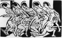 Black-and-white woodcut print inspired by Wigman’s group. Two rows of women dance nude, each row facing an opposite direction. The back row has five women with dark hair while the front has four with light hair. Organic lines define each figure outline and general body detail, while the background and floor (which has a chevron pattern) is in stark straight lines.