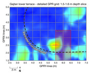 A detailed GPR grid of Gajtan lower terrace Unit 002 at 1.5-1.6m depth slice. It shows the location of Unit 002 and the perimeter of the circular mound.