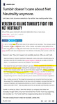 A single user’s written post commenting on a media report on Tumblr’s net neutrality, with parts embedded in the post and highlighted in yellow.