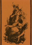 Two strong women gathering wheat. One woman has a crown on her head. The other kneels as she holds a curved hand scythe and a small bundle of wheat.