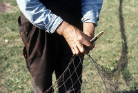 Close up of Don Hallock mending net.